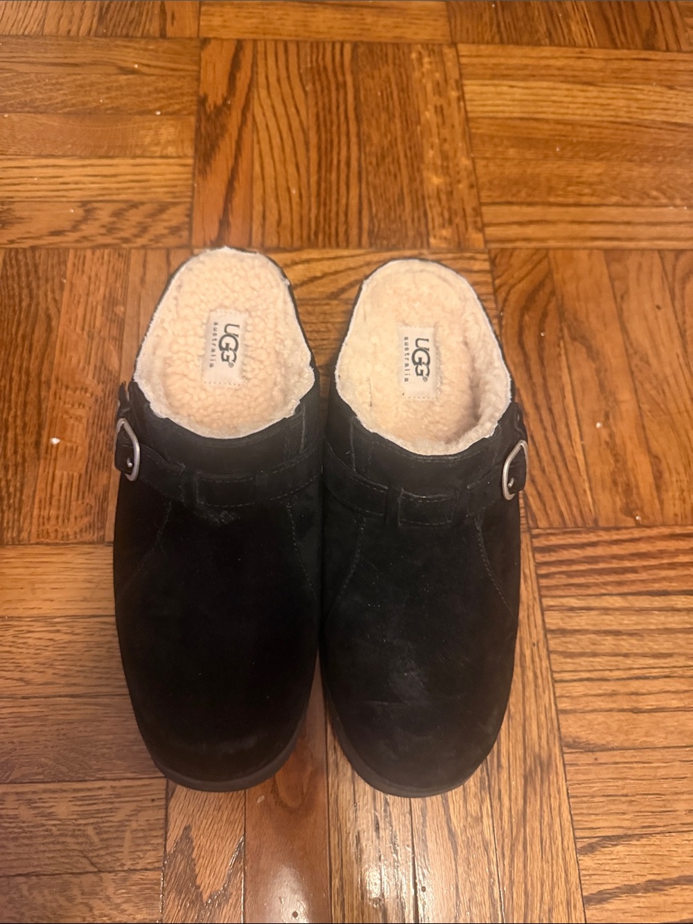 UGG Women’s Black Suede Shearling-Lined Slip-On Clogs